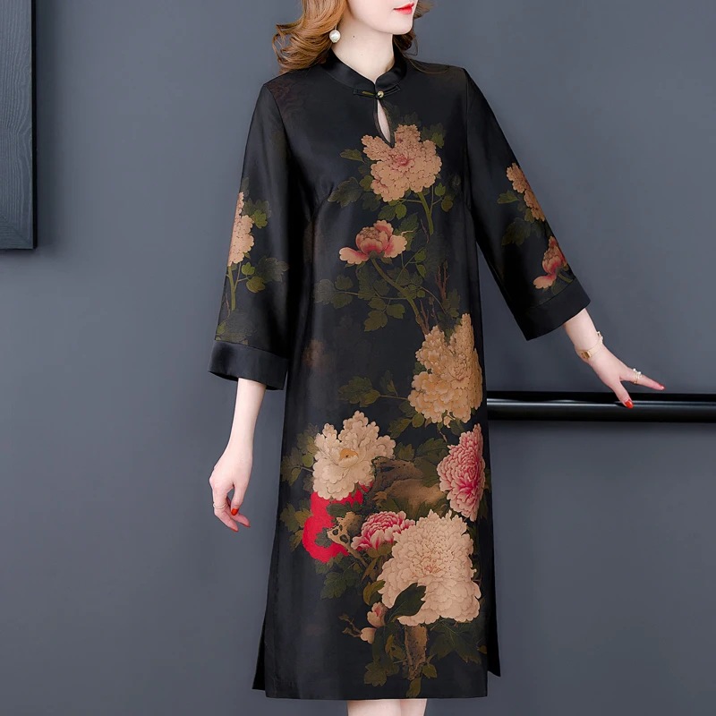 Women Black Korean Vintage Casual Midi Dress Spring Summer Floral Natural Silk Satin Dress 2024 Elegant Bodycon Evening Dress