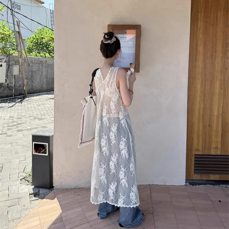 Seksowna koronkowa sukienka na ramiączkach Koreańska moda Wydrążona koronkowa długa sukienka Letni Harajuku Szykowny kardigan bez rękawów z dekoltem V Top Vestidos