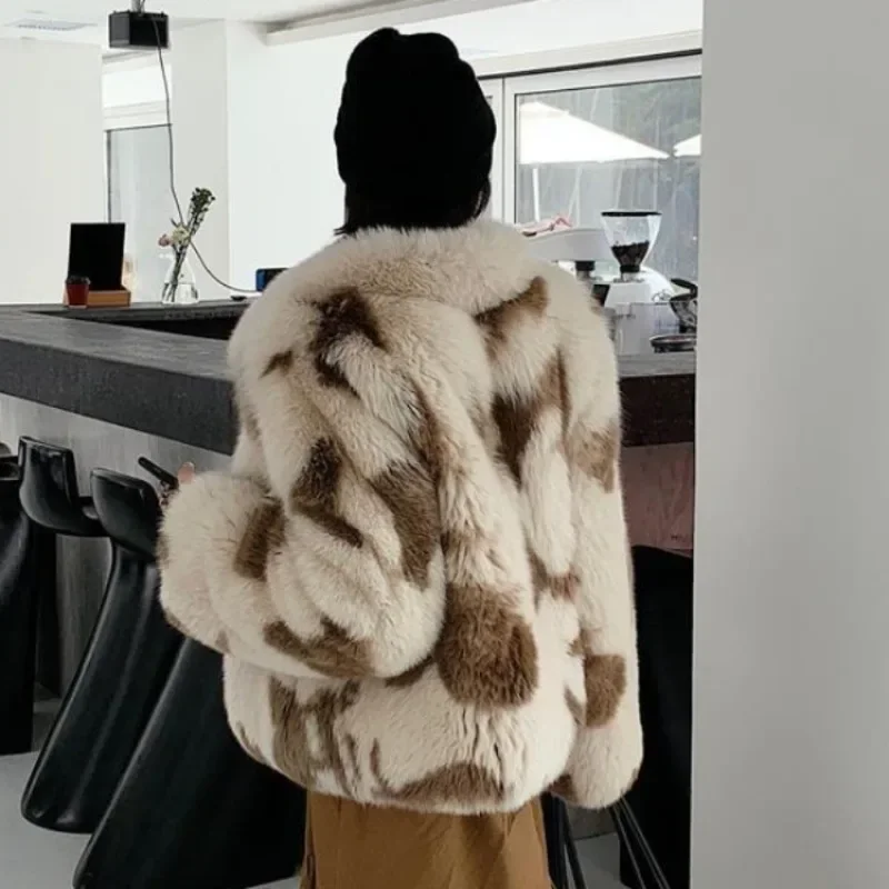 Imitation Whole Leather Fox Fur Coat Women Short Print Fur Outwear Winter Thick Warm Casual Outcoat Temperament Jacket New 2024