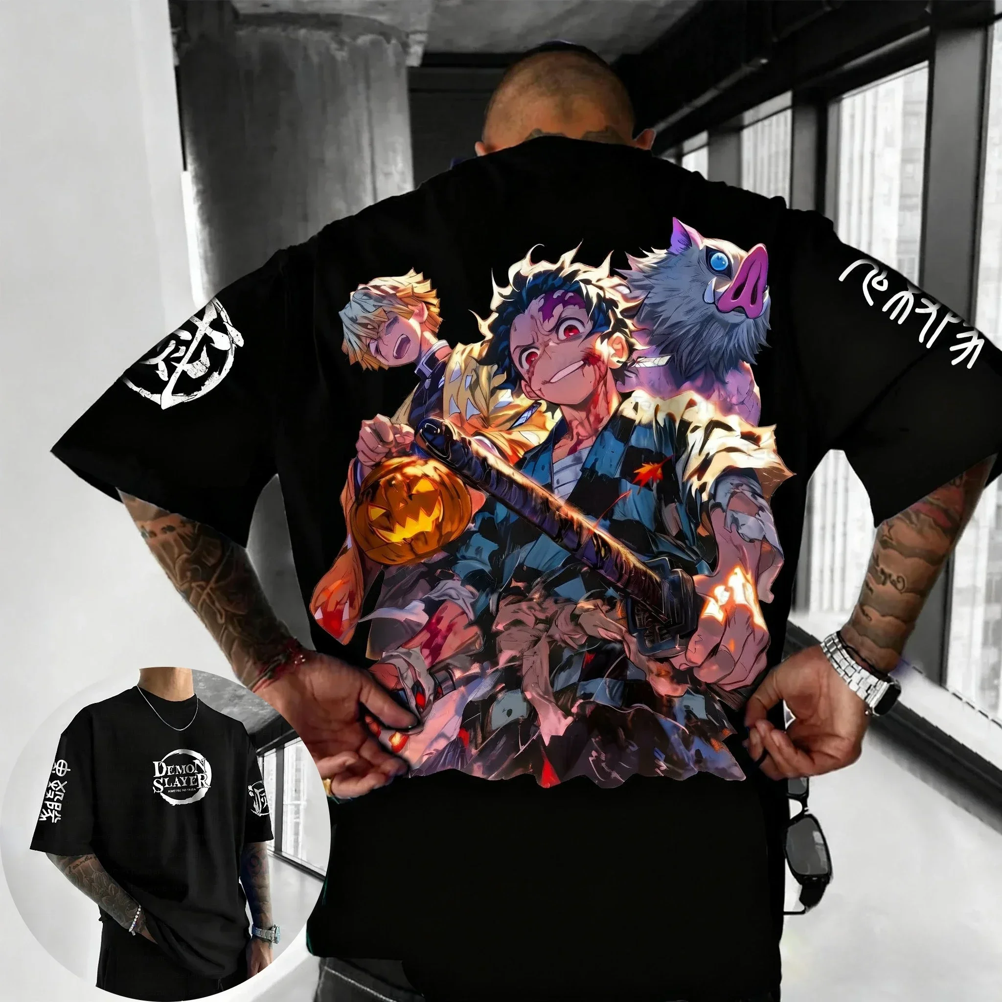 

Футболка Demon Slayer Anime Halloween Joint, мужская летняя новинка с ярким принтом в стиле Харадзюку, универсальная повседневная свободная футболка для родителей и детей