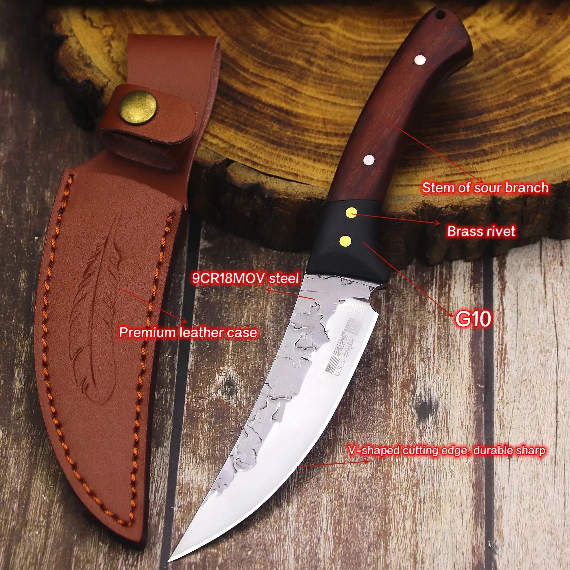 WPKOPYA (USA ) Japan 9CR18MOV steel hunting knife V-shaped blade durable sharp camping knife, outdoor survival knife