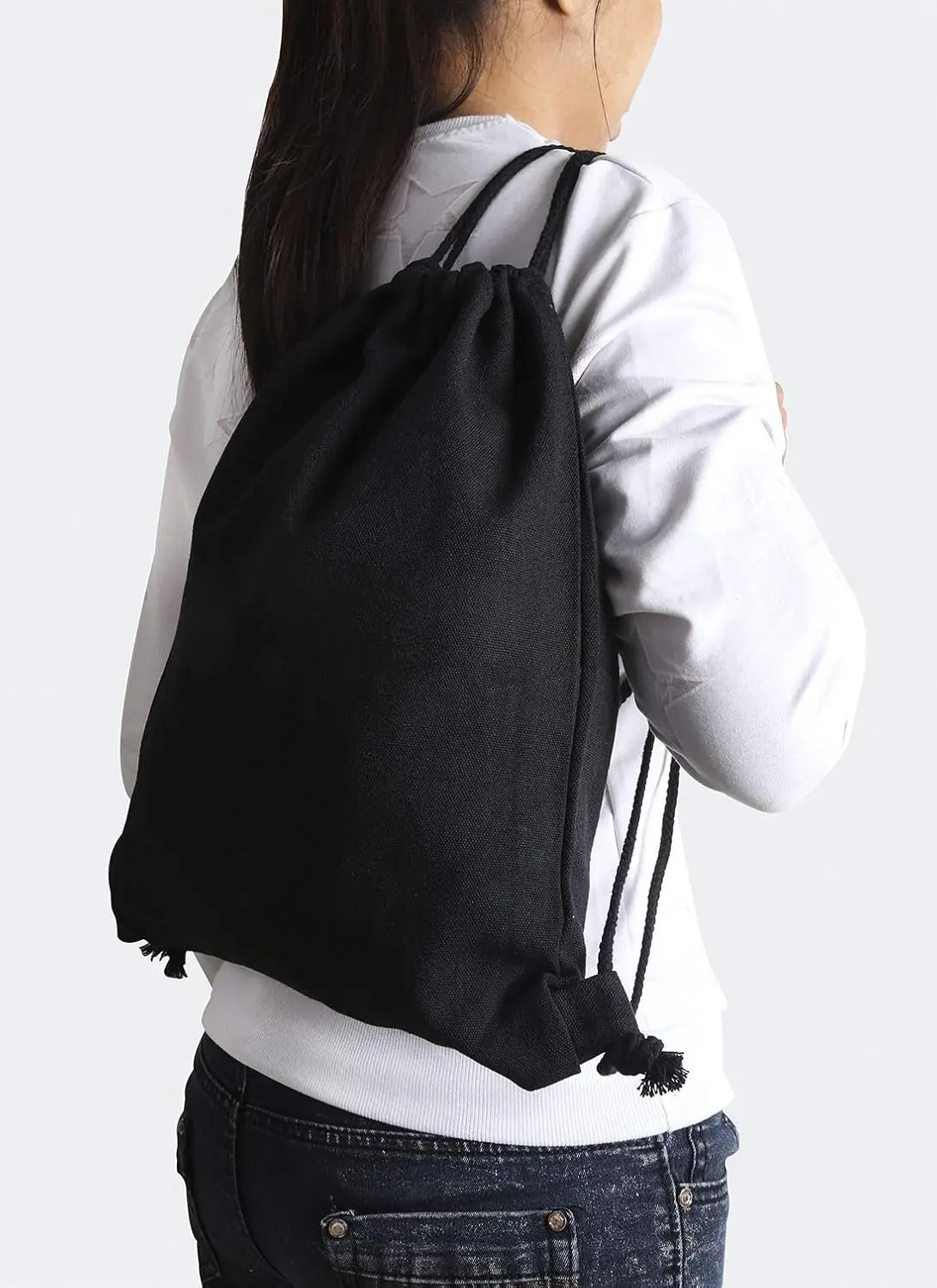 Cotton Canvas Drawstring Backpack Bag Gym Sackpack Sports String Sackpack Storage Gift Bag 2 Pack Black 34.5x40cm Casual