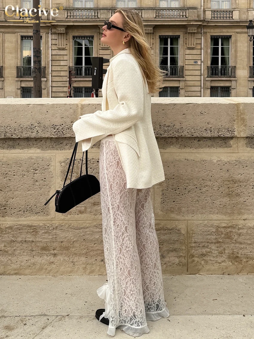 Clacive موضة فضفاضة الدانتيل الأبيض النساء السراويل 2025 عادية عالية الخصر الكاحل طول السراويل السراويل ملابس نسائية كلاسيكية أنيقة #5