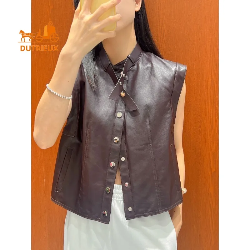 Autumn Women's Small Stand-up Collar Pocket Real Leather Vest, 100% Genuine Sheepskin Dignified Noble Intellectual Gentle Coat