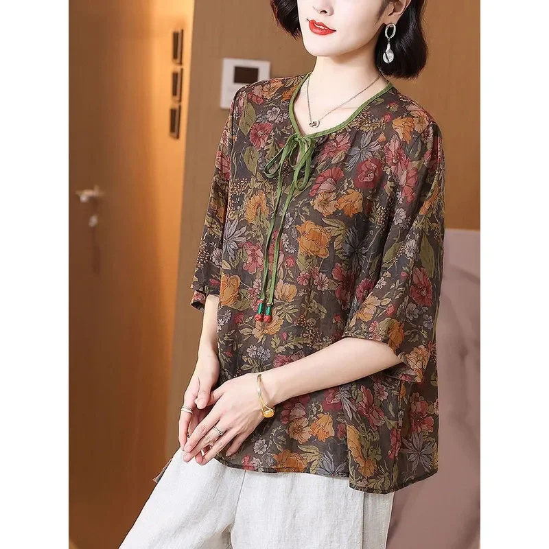 

Летняя свободная шифоновая рубашка с коротким рукавом для женщин среднего и старшего возраста больших размеров