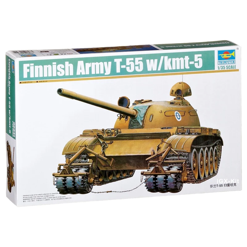 Trumpeter 00341 1/35 Finnish Army T55 T-55 W/ KMT-5 Tank Display Children Military Toy Plastic Assembly Building Model Kit