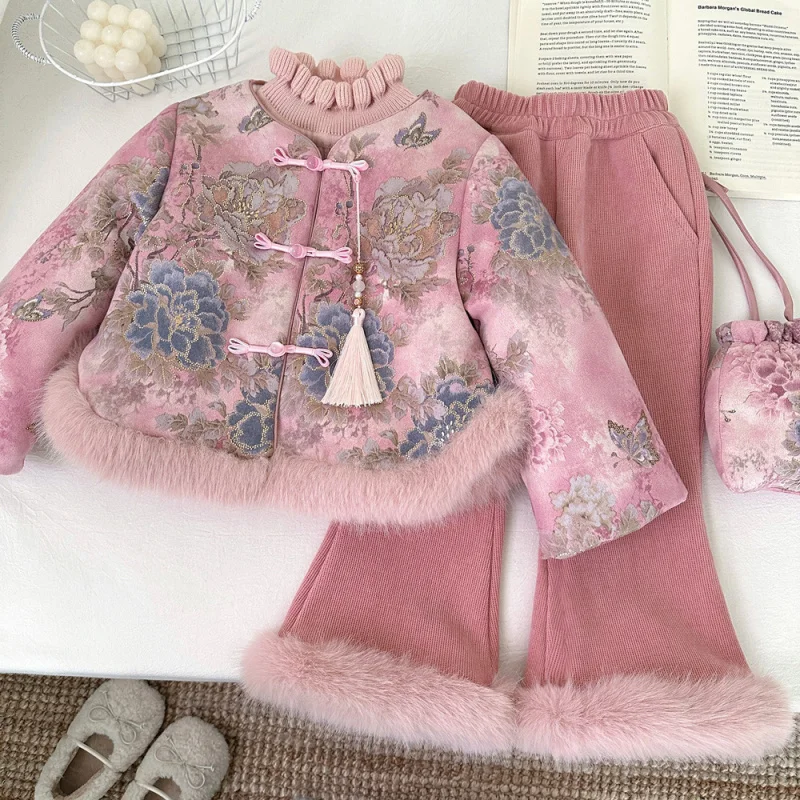 

2025New Winter Fleece-Lined National Style Set for Baby Girls, New Chinese Style Thickened Top with Flared Pants