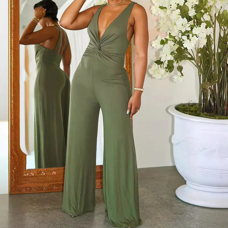 

Elegant Ruched Wide Leg Jumpsuit Women 2024 Summer Sleeveless Backless High Waist Green Deep V-neck Rompers Monos Para Mujer