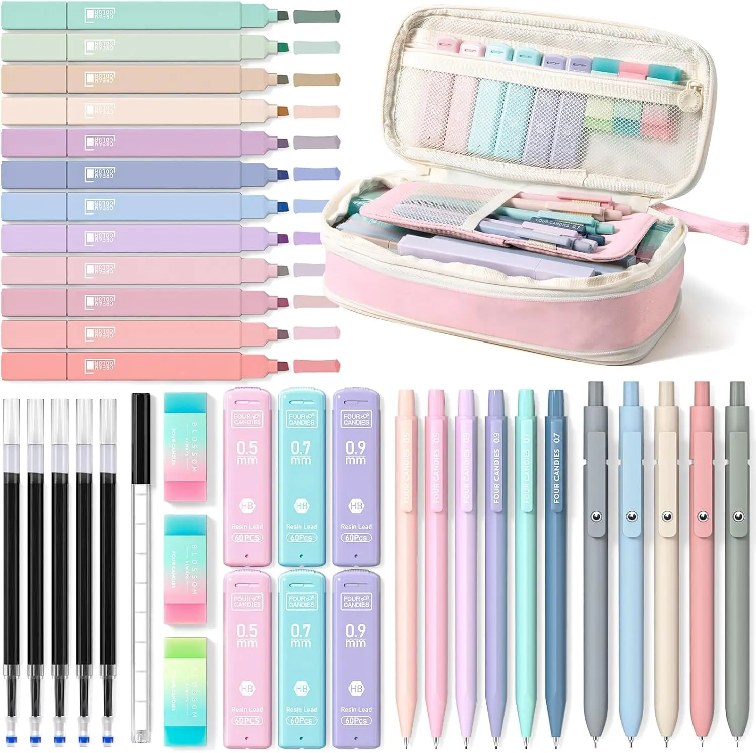 

39 PCS Aesthetic School Supplies Set with Pen Case, Pastel Highlighters, Gel Pens, Mechanical Pencils for Students (Pink)