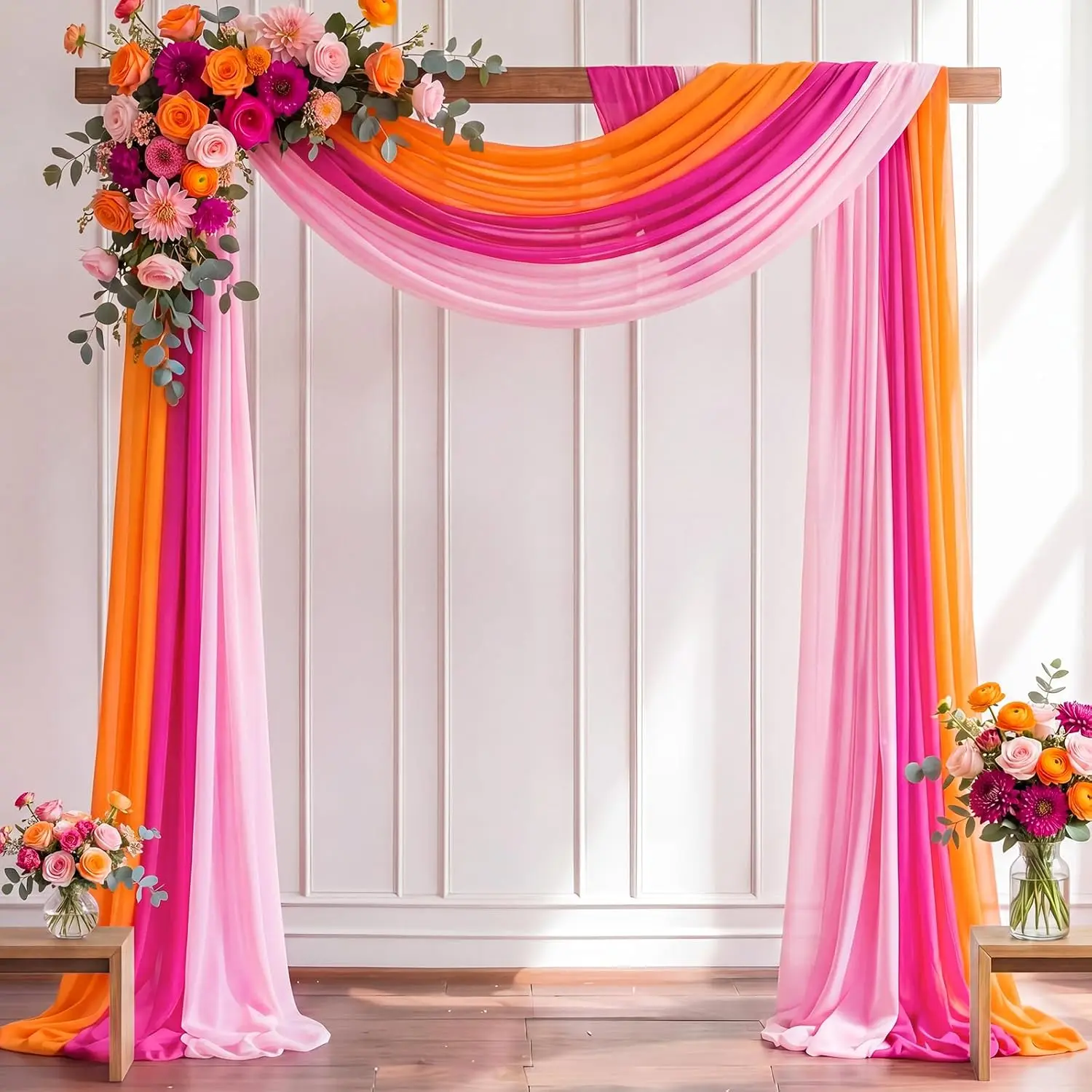 3 Panels Wedding Arch Draping Fabric Sheer Chiffon Pink Rose Red Orange Backdrop For Ceremony Birthday Bridal Shower Party Decor