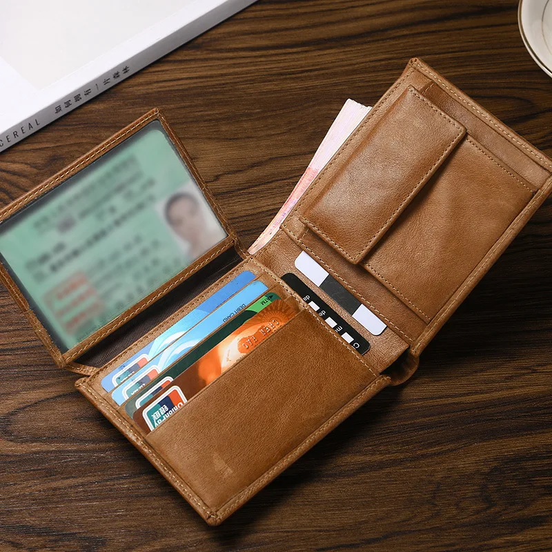 Vintage Cowhide Men's Wallet Multi Card Holder Coin Purse RFID Blocking Anti-Theft European American Style Wallet