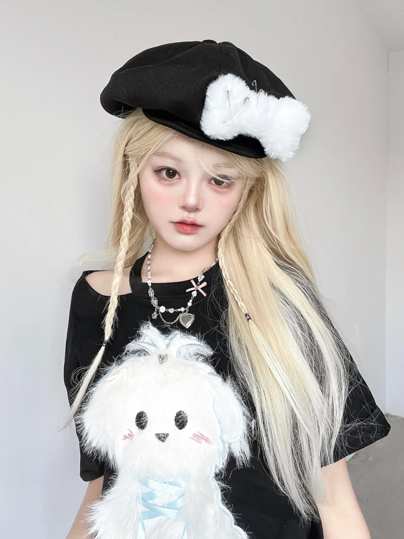 

Japanese Original Handmade Plush Bone Pin Cloud Hat Beret Girl Autumn and Winter Sweet Cool Y2K Subculture Black Hats Woman