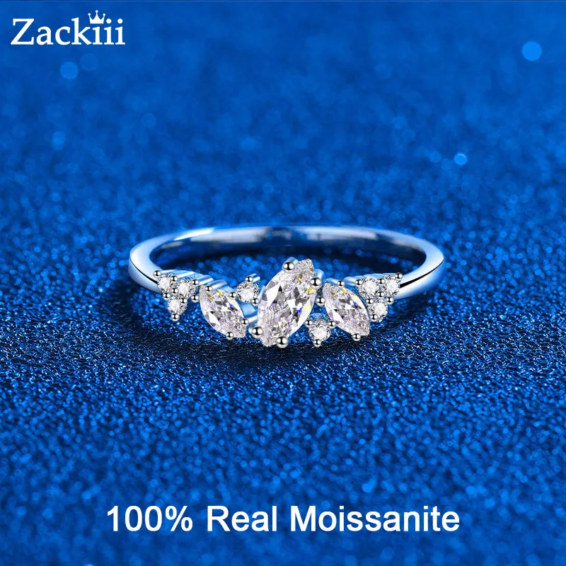 Zackiii 0.58cttw Marquise Cut Weeding Moissanite Rings for Women Double Halo High Quality 925 Sterling Silver Half Eternity Band