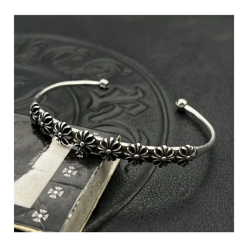 Pulsera Punk Hip Hop de Plata Tailandesa Vintage con Múltiples Cruces y Flores, Pulsera Artesanal con Cruz para Hombre y Mujer