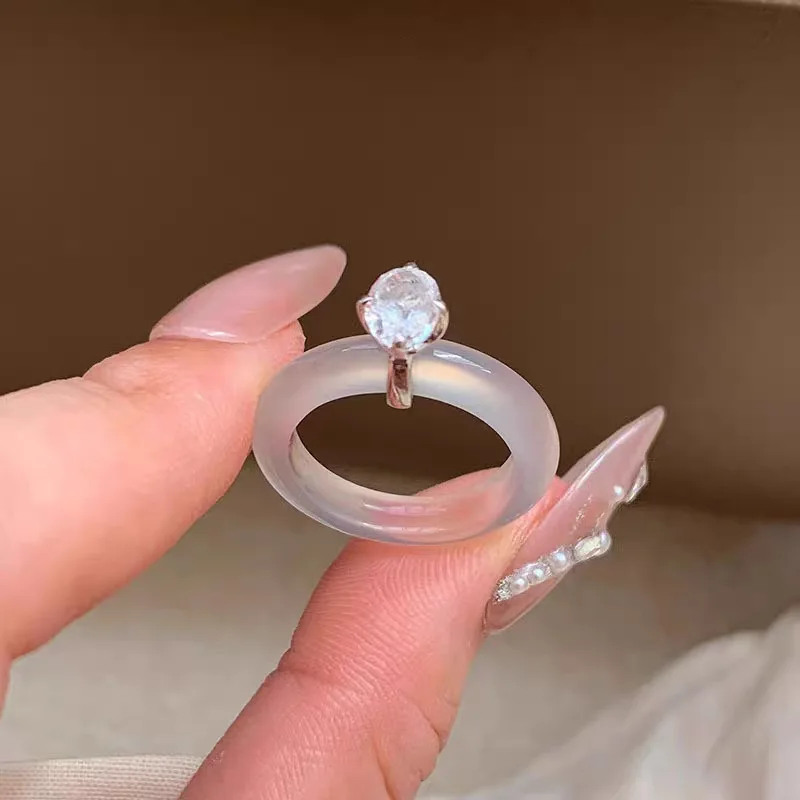 New in Natural Ice chalcedony rings for women inlay Single Diamond Simple High Quality Ring gentle style fine Jewelry Gifts