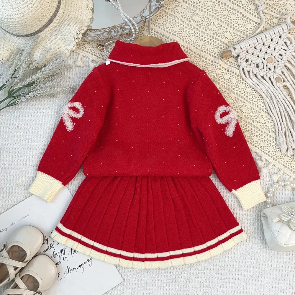 Langärmeliger Pullover für Mädchen, Herbst- und Winterkleidung, Schmetterlingsdruck, Strickoberteil mit Kragen + kurzer Rock, modisches, süßes Kinderset – Detail 17