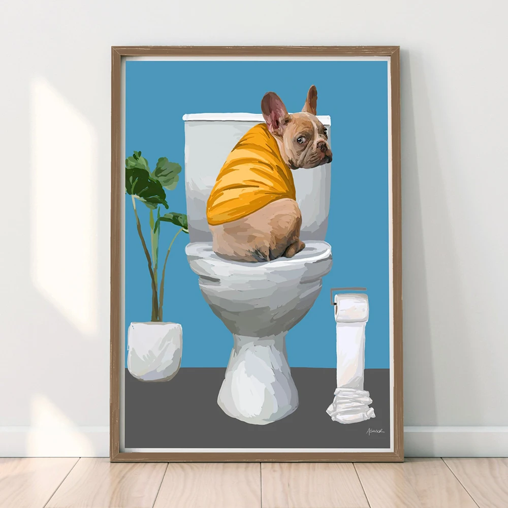 French Toilet Bullfighting Bathroom Decoration Dog Blue Print Bath Towels Fun Posters Cute Illustration Wall Art Pictures