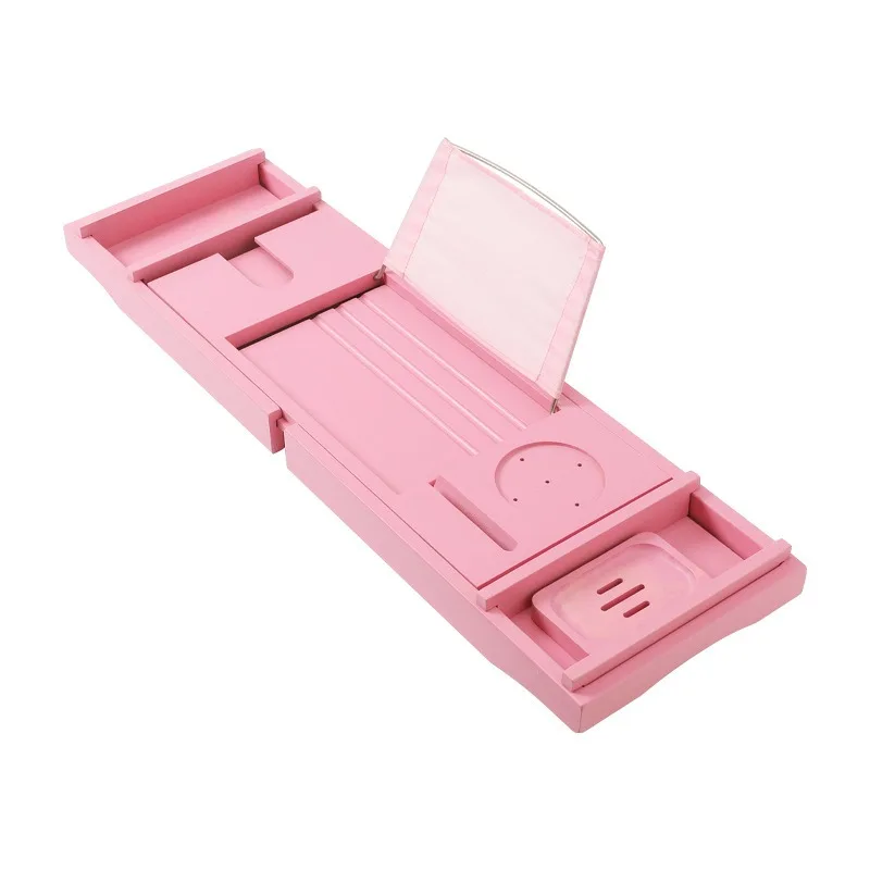 For Bamboo Retractable Bathroom Storage Rack, Cell Phone Holder, Bath Tray Light Pink