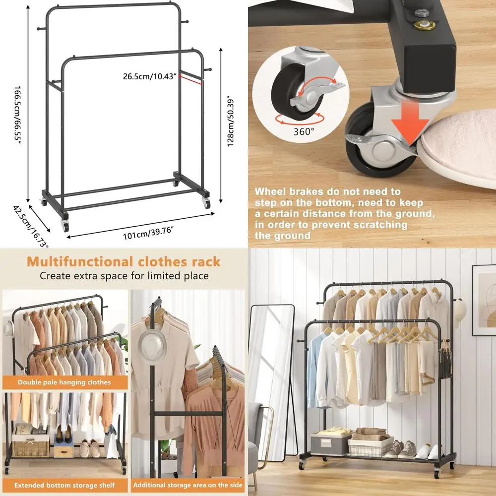 

Черная передвижная вешалка для одежды с двумя штангами и 4 крючками для многофункционального использования в спальне