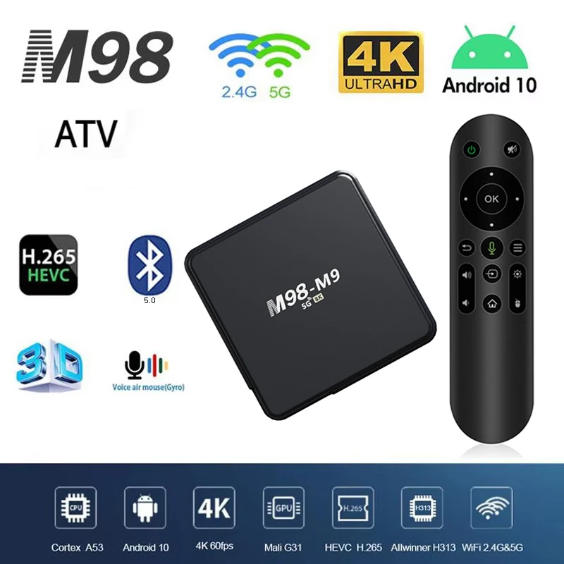M98 M9 met ATV Smart TV Box Android 10.0 WiFi 4G 5G Allwinner H313 2GB 16GB Ultra HD 4K BT5.0 Multimedia Speler iptv TV Box