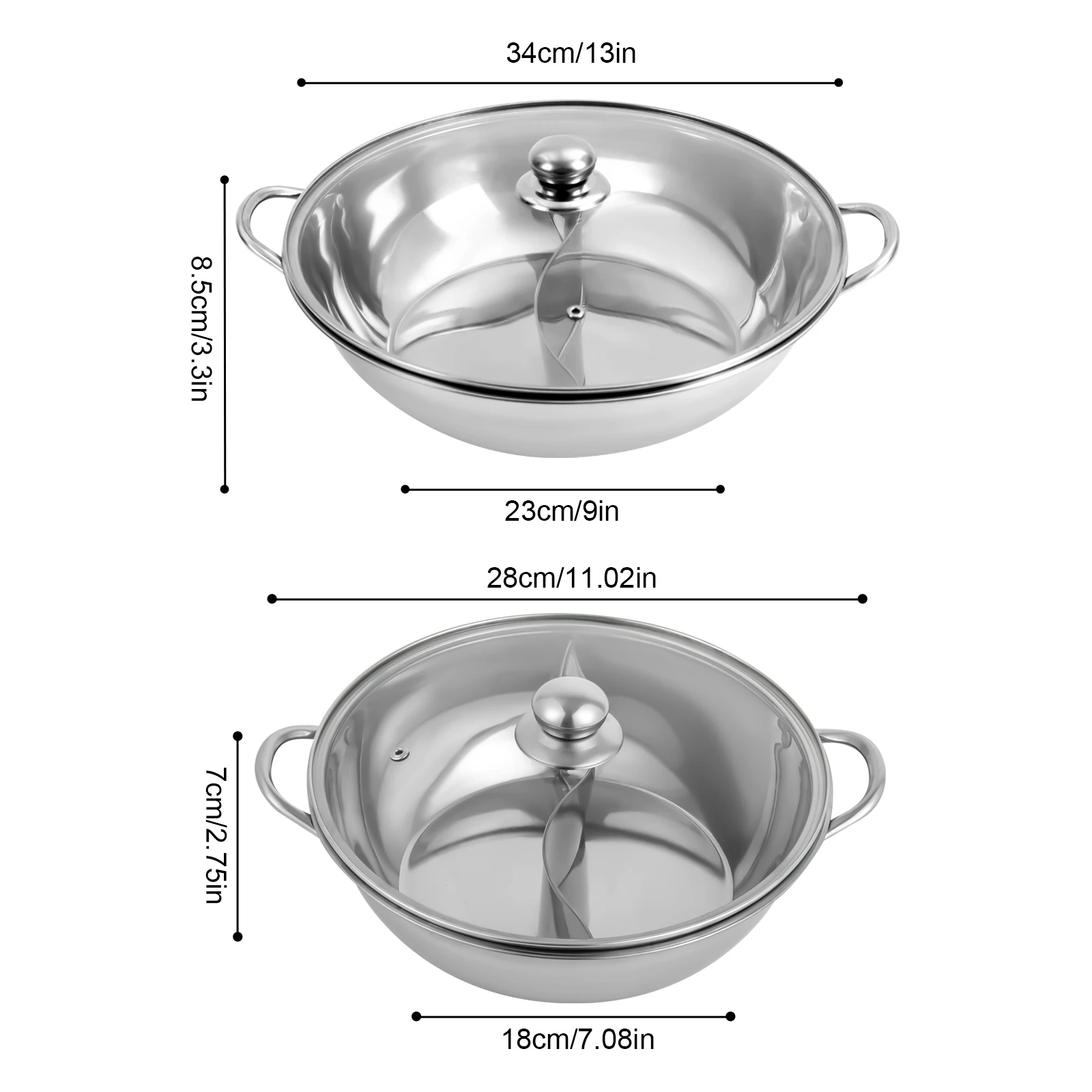 28/34 cm Edelstahl-Hot Pot mit Trennwand, Shabu-Topf mit Glasdeckel, Hot Pot-Set, geeignet für Induktionsöfen, Gasherde – Detail 5