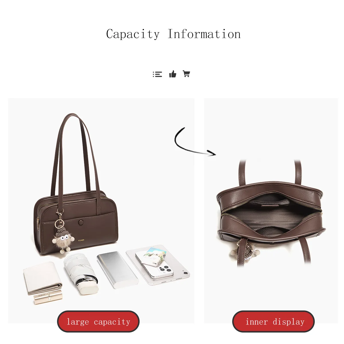 FOXER Vintage Women Shoulder Bag PU Leather Underarm Bag Large Capacity Commuter Handbag With Cute Pendant Ladies Casual Purse