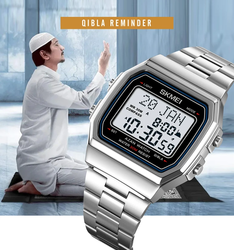 SKMEI All-steel Display Stopwatch Sports Watches Mens Muslim Prayer Azan Compass Alarm Hijri Islamic Male Digital Wristwatches