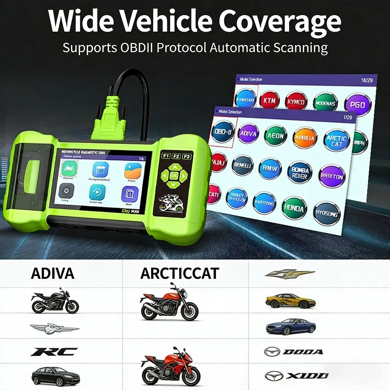 

JDiag M300 2026 Новый мотоциклетный OBD2 сканер | Считывание и сброс кодов неисправностей ABS и двигателя для BMW, Yamaha, Harley, Honda, Ducati