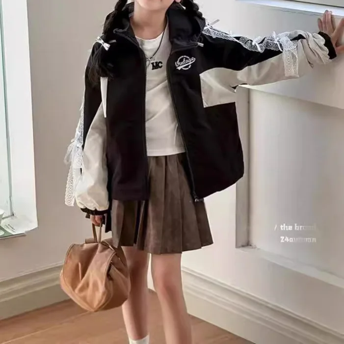 Girls Storm Jacket Girls Coat Jacket Big Child 2024 Autumn New Style Spring and Autumn Bow Top Korean Simple Style Clothes