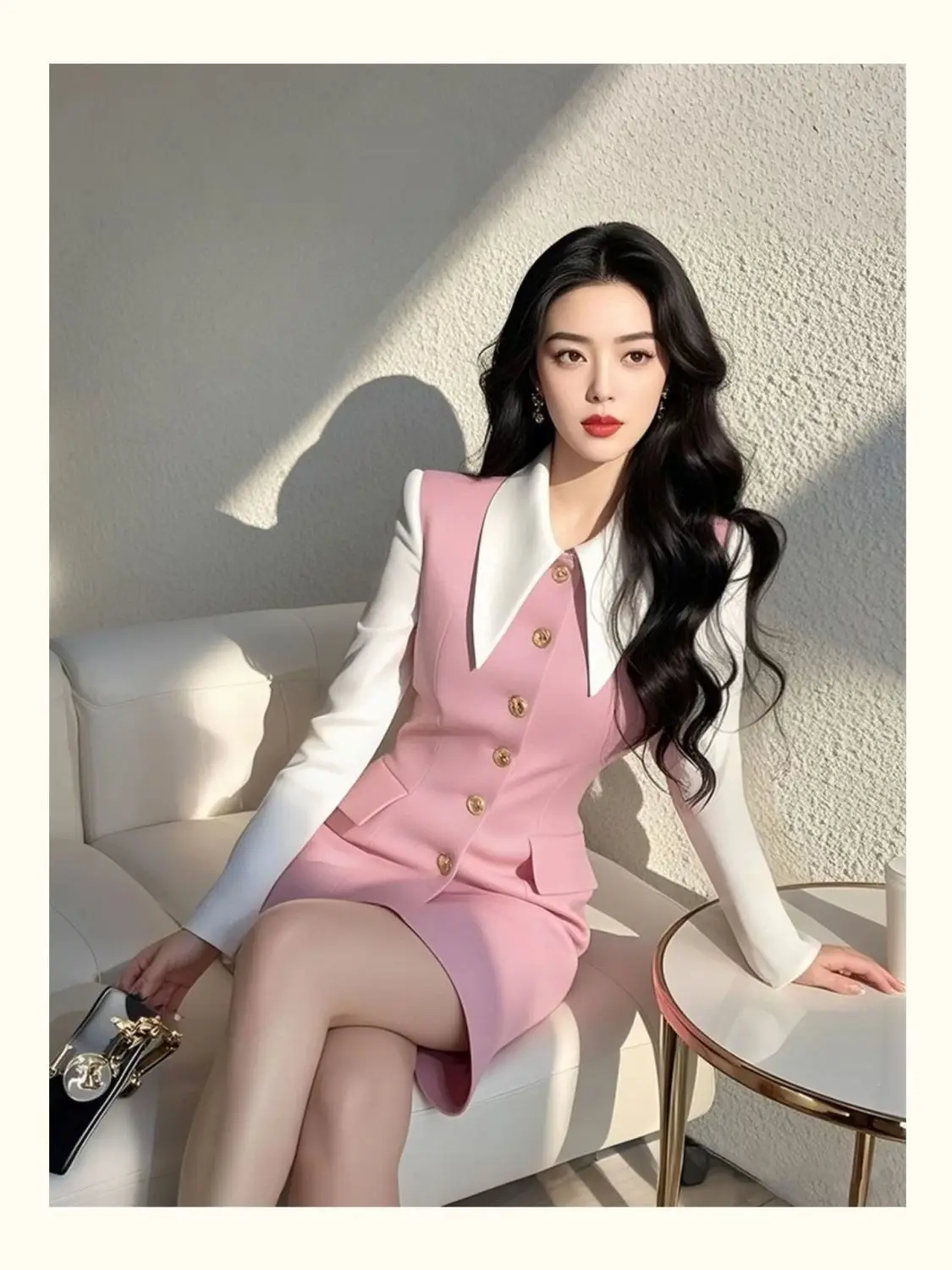 

New High End Fake Two Piece Dress Women French Lapel Long Sleeve Single Breasted Elegant Mini Dresses Office Lady Vestidos Robe