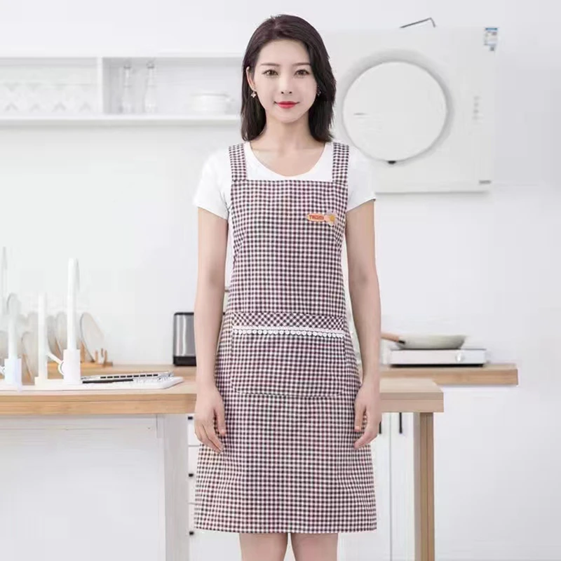 4-Color Household Kitchen Cotton Apron Checkered Kitchen Apron Cotton Linen H-Strap Back Strap Cooking Apron