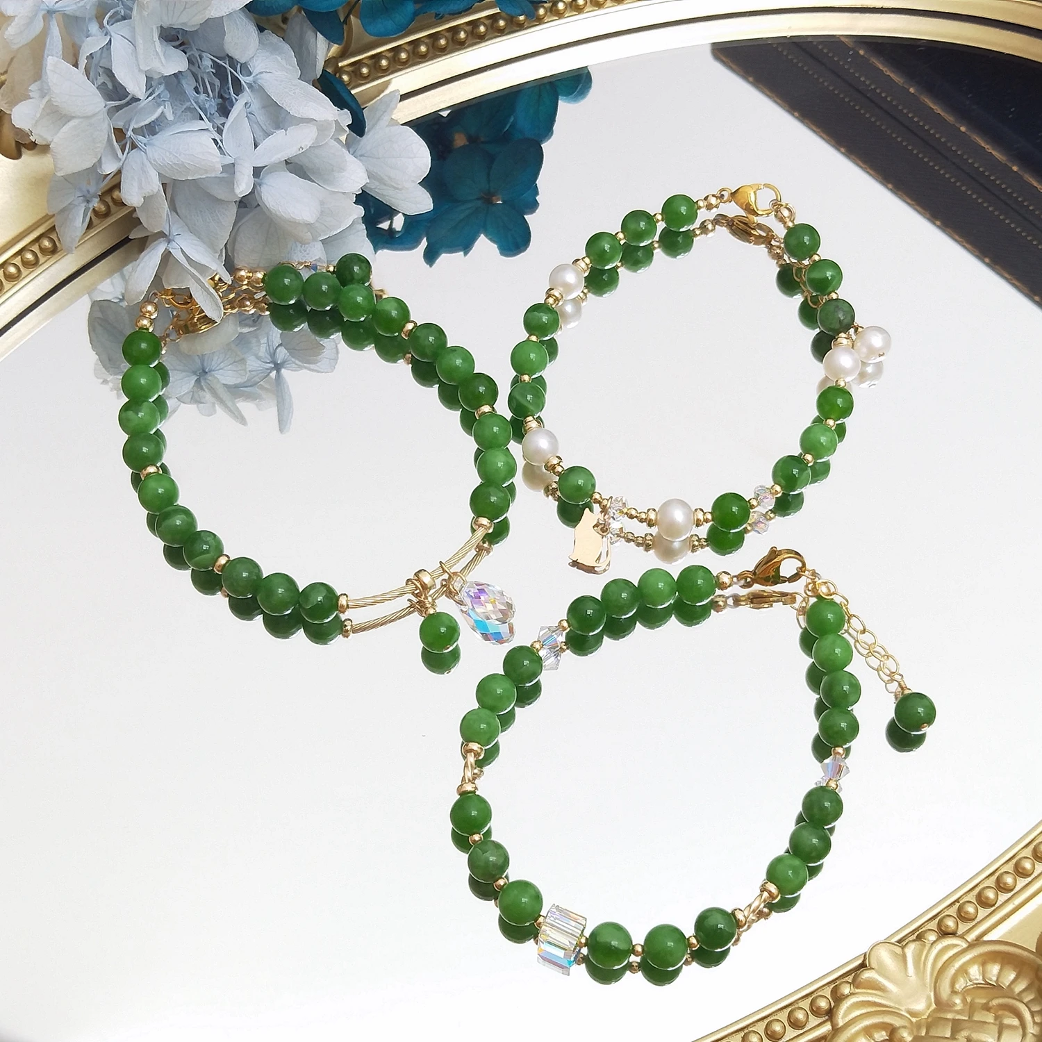 

Lii Ji Green Jade 6mm 14K Gold Filled Charms Bracelet Handmade Bohe Fashion Jewelry For Female