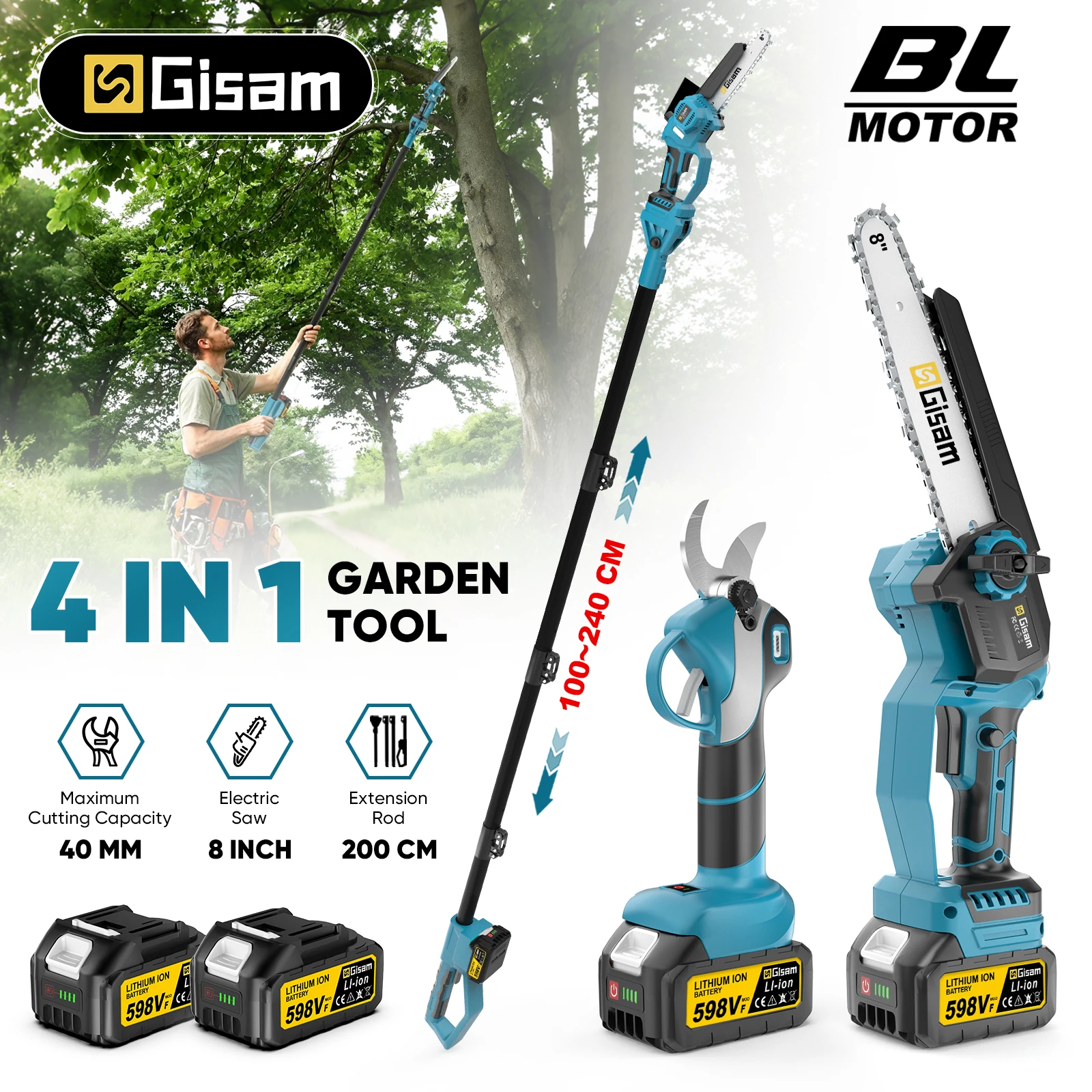Gisam 8-Zoll-Bürstenloser Teleskopstab, elektrische Kettensägeschere, 4-in-1-Set, Astsäge, Gartenschere, Schneidwerkzeug, Holzbearbeitungswerkzeug, Elektrowerkzeug für Makita 18V-Akku