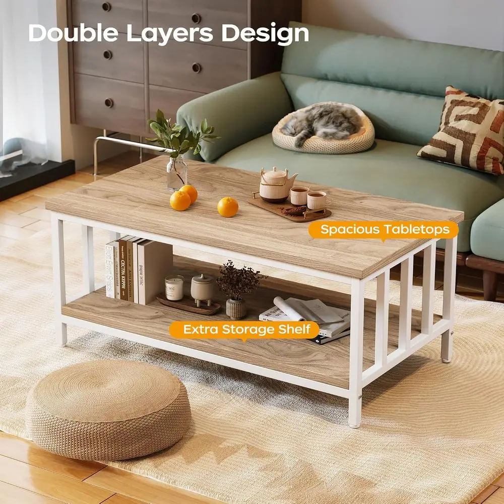 Modern Farmhouse Coffee Table with Slatted Sides, 2-Tier Storage, 39 Light Coffee for Living Room & Home Office