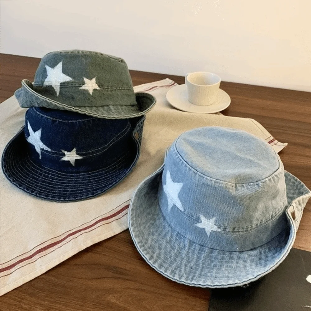 

Kawaii Denim Star Fisherman Hat Wide Brim Y2K Outdoor Sun Hat Sunshade Adjustable Mountaineering Hat Fishing