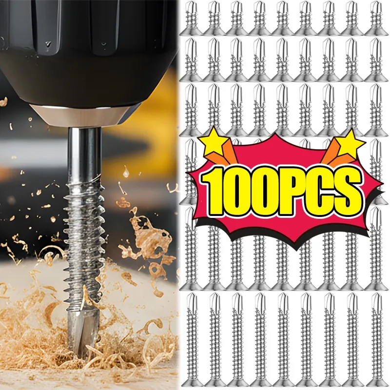 

100x Cross Flat Head Self-Tapping Screws Stainless Steel High-Strength Self-Drilling Metal Screw Quick Fixing Fastener Hardware