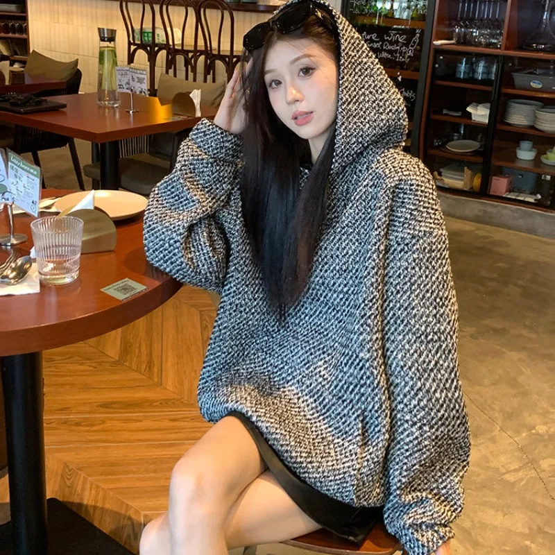

Sweater Women Small Fragrant Tweed Hooded Winter Velvet Thickened Loose Mid-length Pullover Loose and Casual Slight Strech