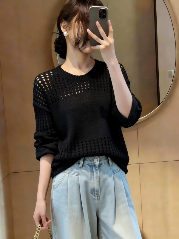 Lightweight Hollow out Knitted Coffee Color Long Sleeve Women's T-Shirt Spring New Style plus Size Lazy Style Top