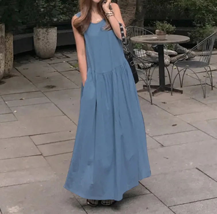 Women\'s Dress 2025 Summer Cotton and Linen Casual Round Neck Sleeveless Large Size Loose Solid Color Vest Long Swing Dress