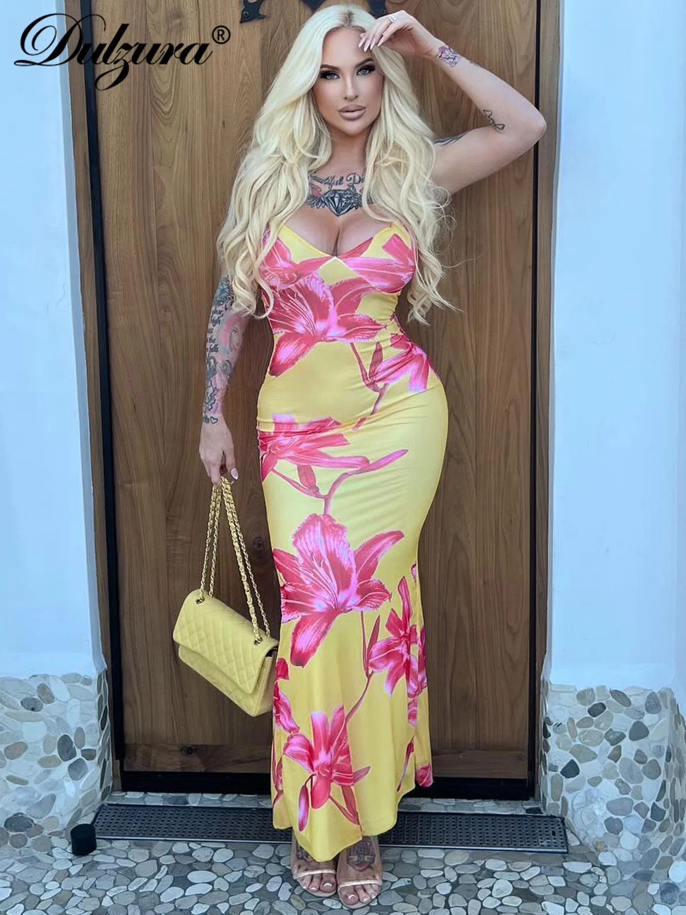 Dulzura Sukienka Maxi na Ramiączkach Bez Rękawów z Odkrytymi Plecami, Obcisła, w Kwiatowy Wzór, Damska, Seksowna, Elegancka, Codzienna, Długa Sukienka na Imprezę, do Klubu, Letni Strój