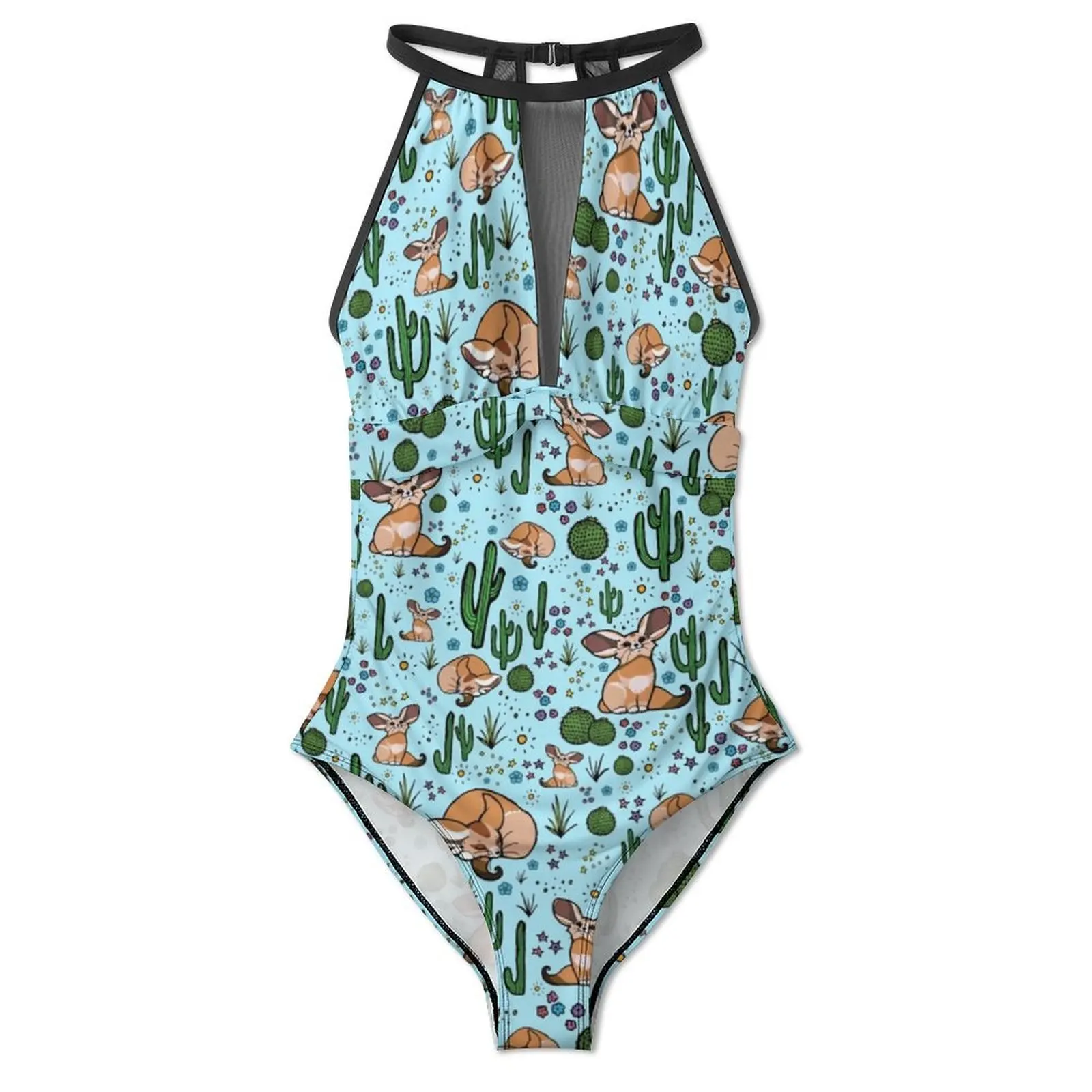 Cute Fennec Fox Swimsuit Cactus Desert Print Push Up Swimwear One Piece Monokini Swimsuits Sexy Graphic Beach Outfits Plus Size