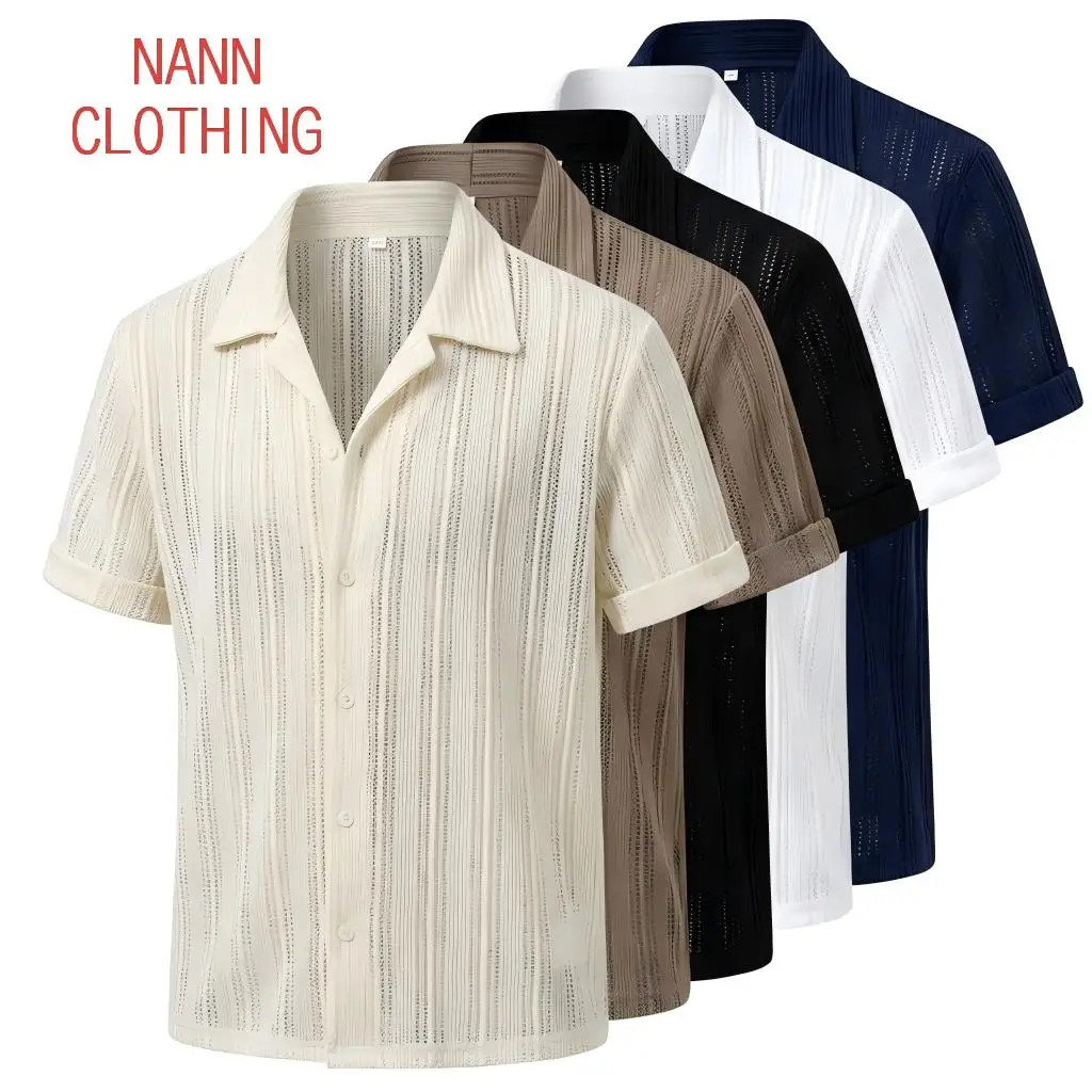 

Летняя мужская одежда: Ретро-рубашка с отложным воротником и полосками, однотонная, с коротким рукавом, модная, легкая, люксовая, популярная трикотажная одежда, размеры M-4XL