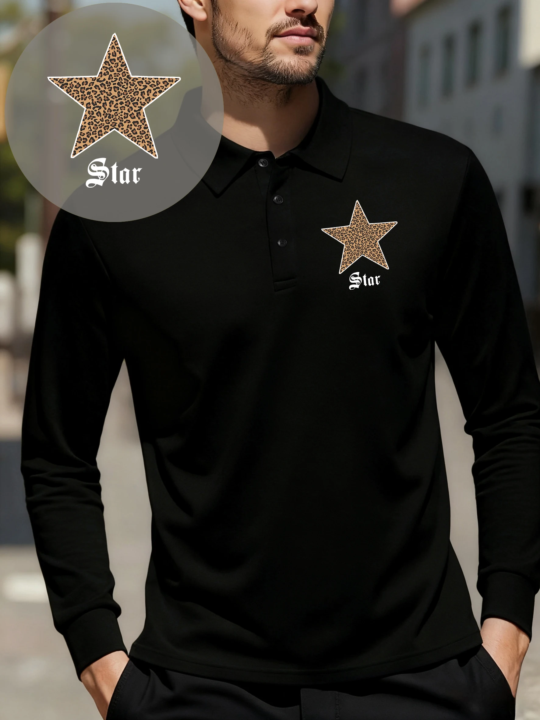 الإبداعية ليوبارد طباعة ستار يطبع رجل قمصان بولو الخريف الرياضة تي شيرت الأعمال الصوف طويلة الأكمام التلبيب ملابس كاجوال #1