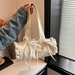 Fresh Sweet Bow Shoulder Bag Fashionable Solid Color Small Popular High end Boston bag Casual Commuting Shoulder Underarm Bag