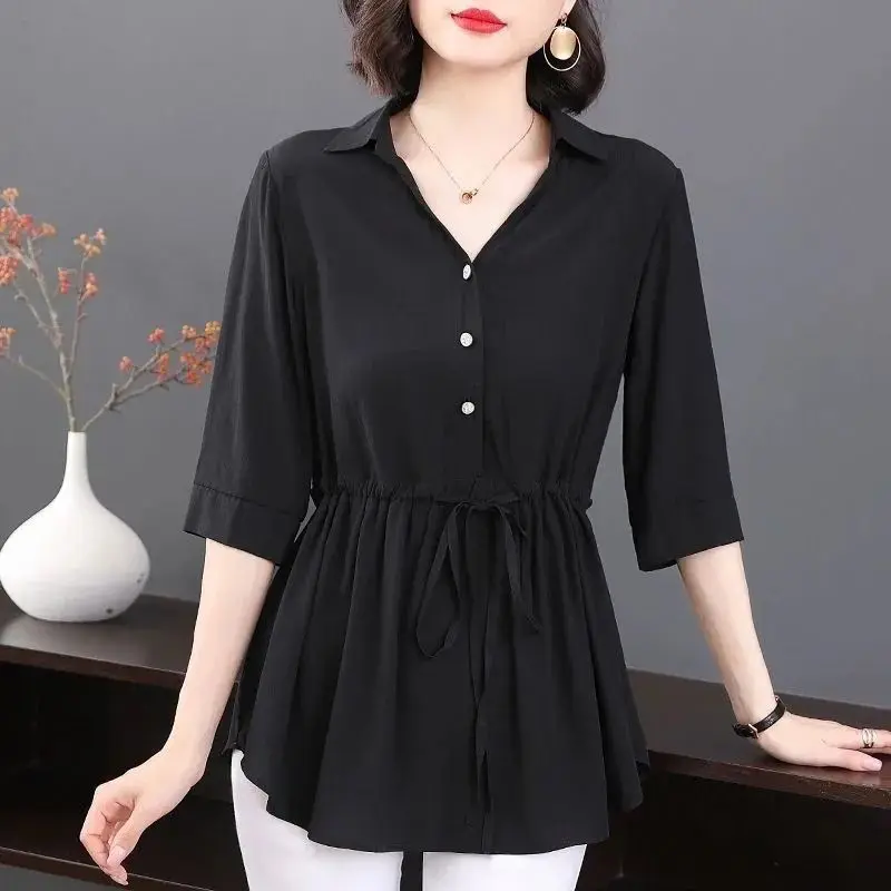 Women Clothing Summer Fashion Elegant Lace Up Slim Shirt Solid V Neck Half Sleeve Office Lady Blouse Irregular Tunic Tops Blusas