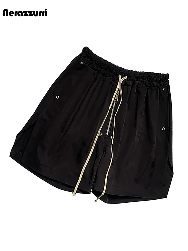 Nerazzurri Summer Loose Casual Black Shorts for Men with High Elastic Waist Drawstring Knee Length Straight Pants Menswear 2026