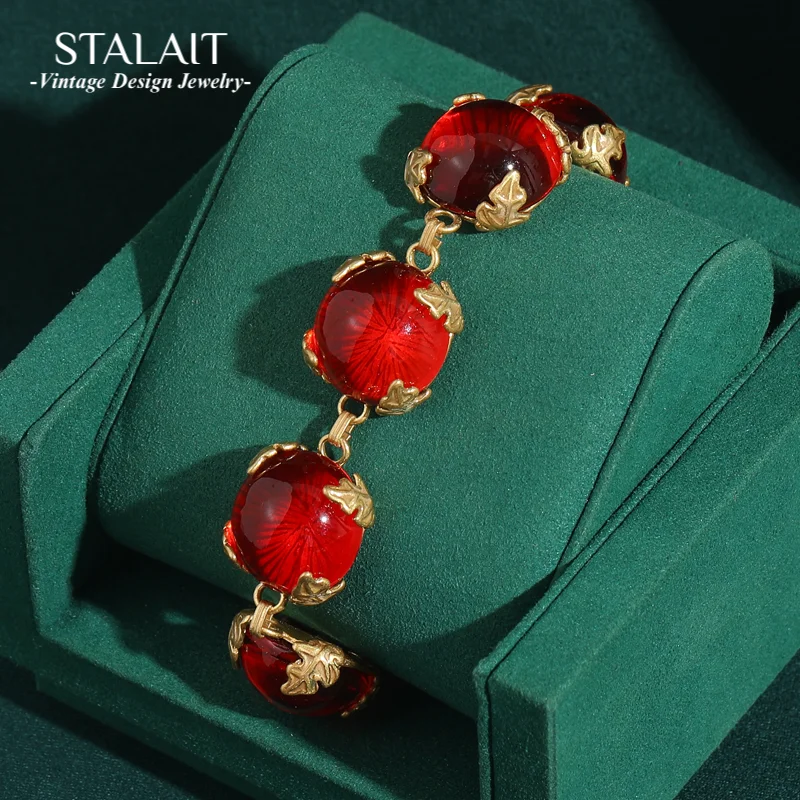 

Винтажные круглые браслеты из красного стекла для женщин, прозрачные конфеты, очаровательные золотые листья, антикварные ювелирные изделия, подарок для девочек, Новое поступление