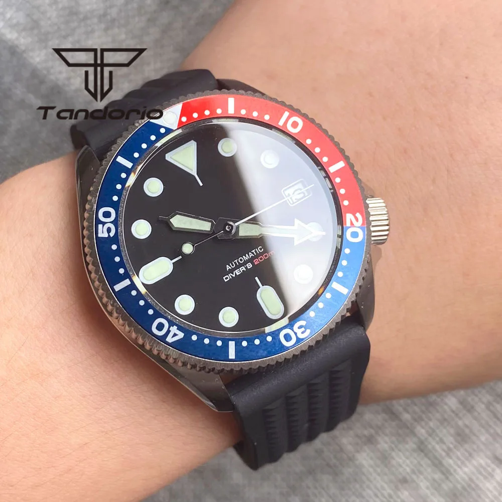 Tandorio NH35A 37mm Automatic Men's Watch 3.8 Screw Crown Blue/Black Dial Green Luminous Sapphire Glass Auto Date Rubber Strap