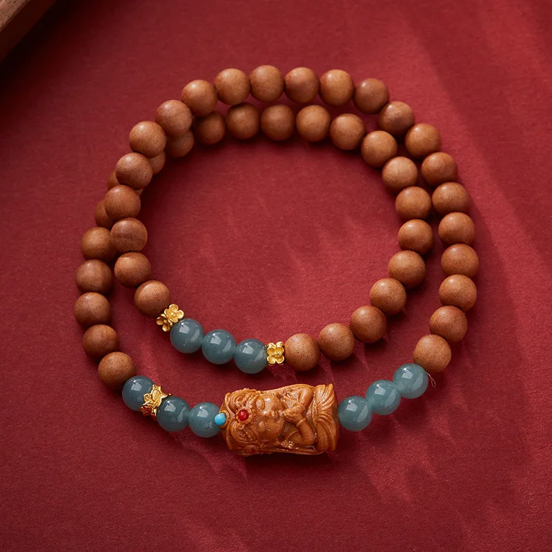 Natural Blue Water Jade Bead Bracelet Female Zakiram Sandalwood Double Layer Bracelet Elegant Retro Buddhist Jewelry Wholesale