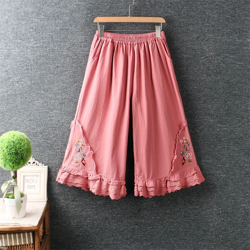 Summer Japanese Style Mori Gir Sweet Floral Embroidery Loose Wide Leg Pants Women Elastic Waist Vintage Cotton Linen Trousers